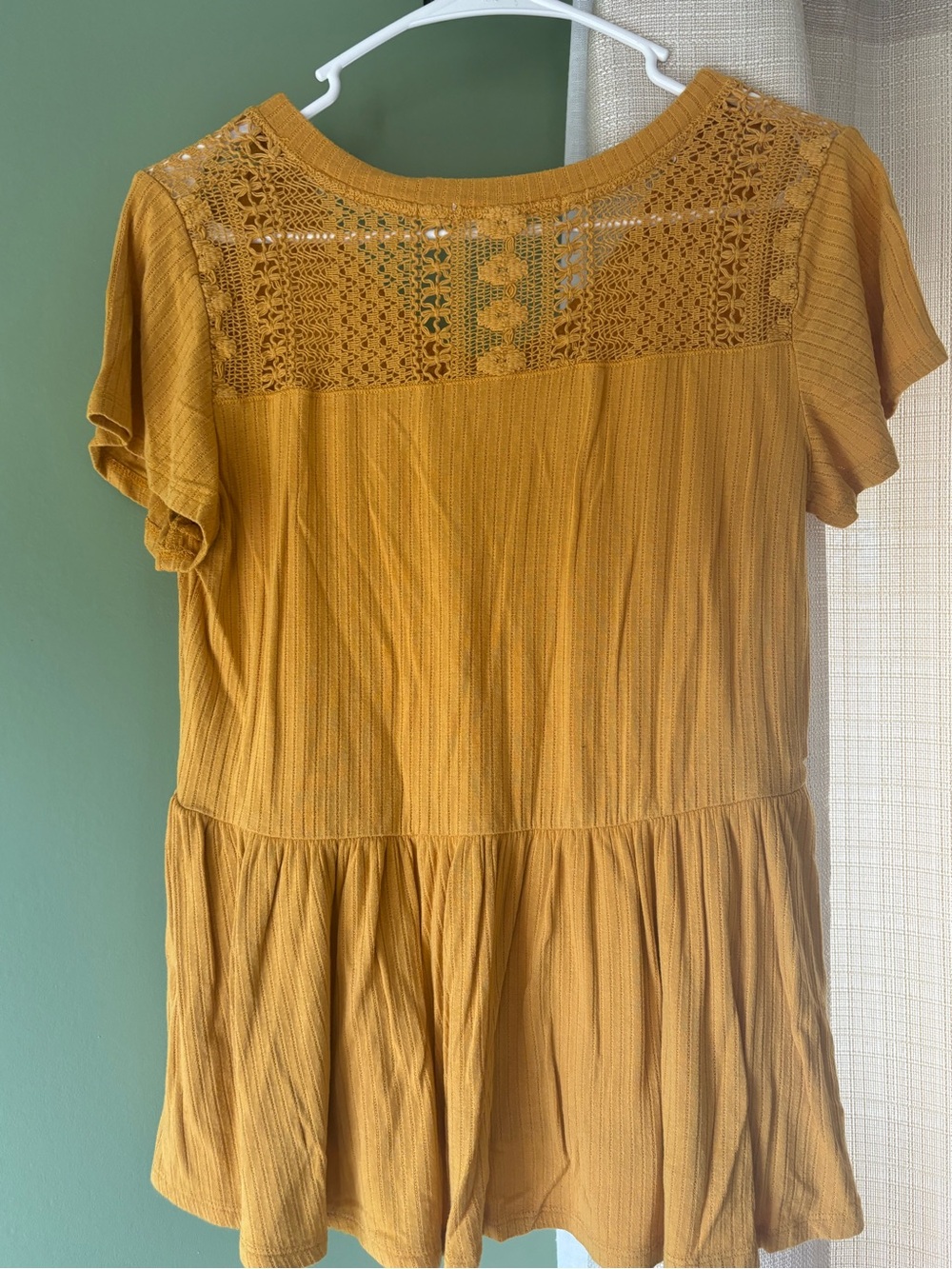 Rewind Mustard Crochet Yoke Peplum Tunic Top